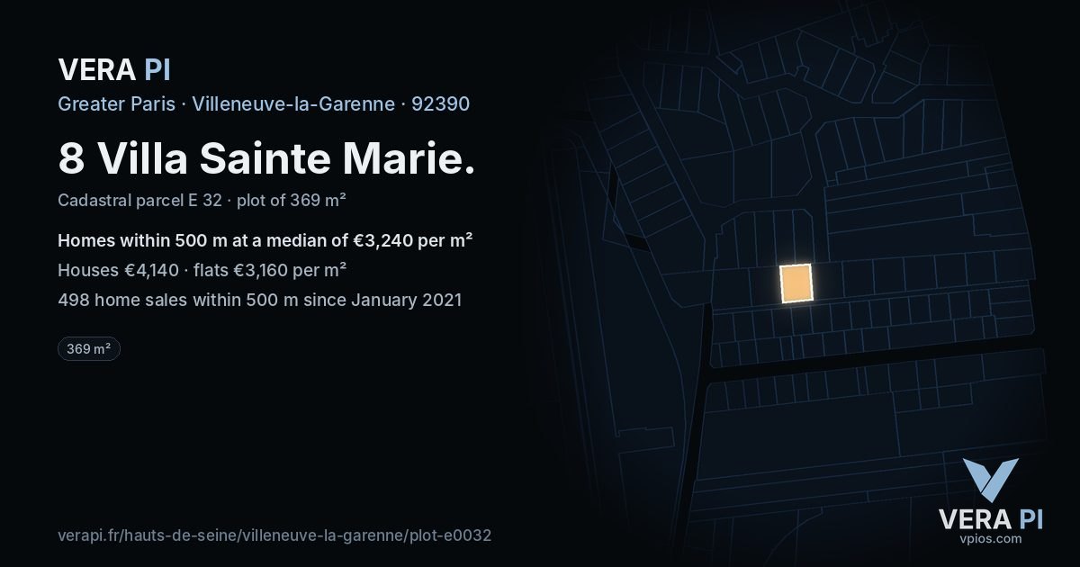 8 Villa Sainte Marie, Villeneuve-la-Garenne at night – the plot lit, the parcels around coloured by the prices near them