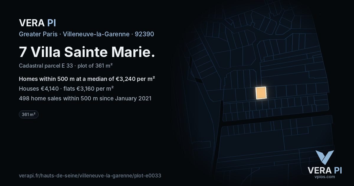 7 Villa Sainte Marie, Villeneuve-la-Garenne at night – the plot lit, the parcels around coloured by the prices near them