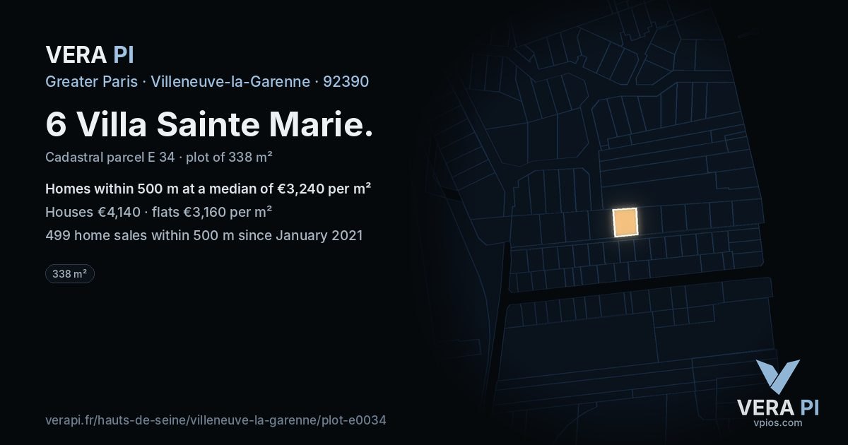 6 Villa Sainte Marie, Villeneuve-la-Garenne at night – the plot lit, the parcels around coloured by the prices near them