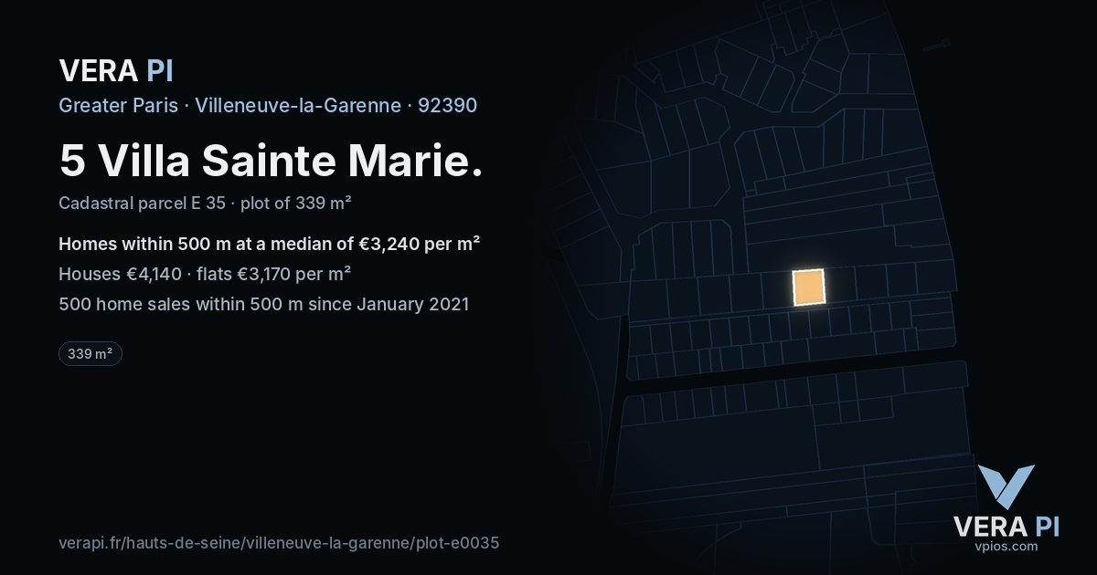 5 Villa Sainte Marie, Villeneuve-la-Garenne at night – the plot lit, the parcels around coloured by the prices near them