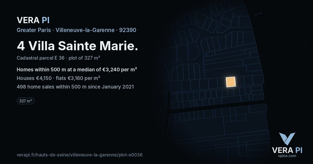 4 Villa Sainte Marie, Villeneuve-la-Garenne at night – the plot lit, the parcels around coloured by the prices near them