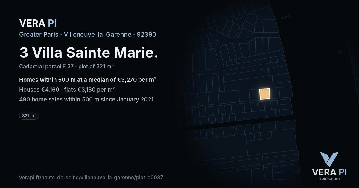 3 Villa Sainte Marie, Villeneuve-la-Garenne at night – the plot lit, the parcels around coloured by the prices near them