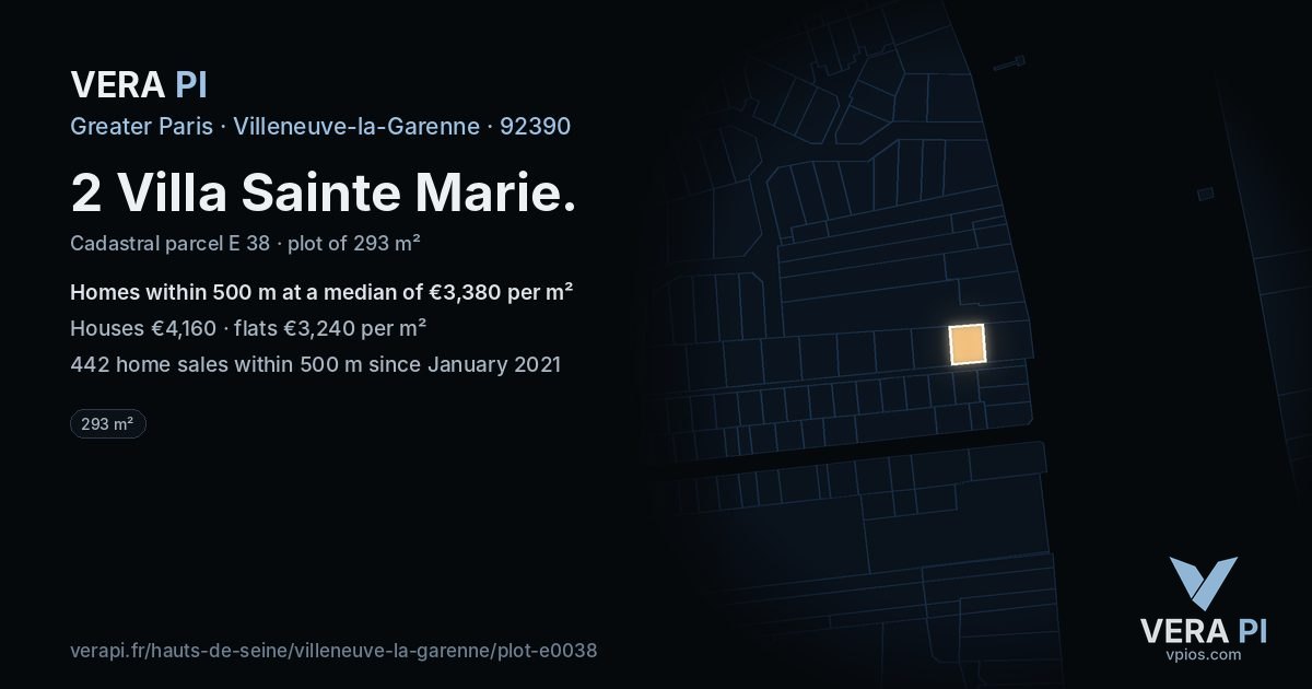 2 Villa Sainte Marie, Villeneuve-la-Garenne at night – the plot lit, the parcels around coloured by the prices near them