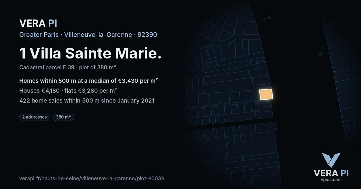 1 Villa Sainte Marie, Villeneuve-la-Garenne at night – the plot lit, the parcels around coloured by the prices near them
