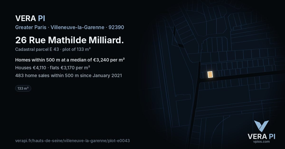 26 Rue Mathilde Milliard, Villeneuve-la-Garenne at night – the plot lit, the parcels around coloured by the prices near them