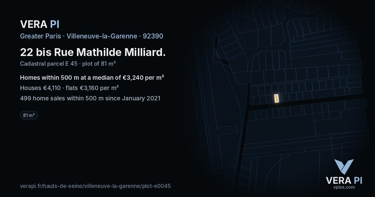 22 bis Rue Mathilde Milliard, Villeneuve-la-Garenne at night – the plot lit, the parcels around coloured by the prices near them