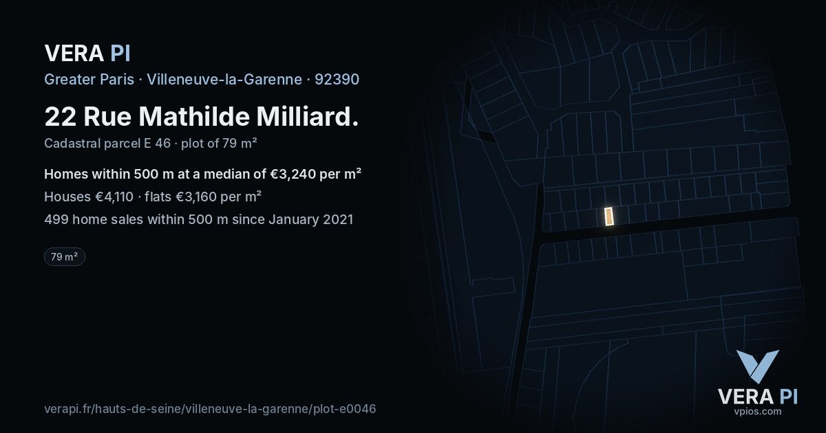22 Rue Mathilde Milliard, Villeneuve-la-Garenne at night – the plot lit, the parcels around coloured by the prices near them