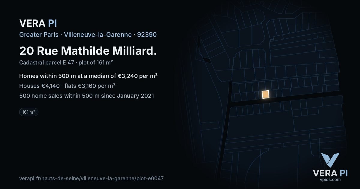 20 Rue Mathilde Milliard, Villeneuve-la-Garenne at night – the plot lit, the parcels around coloured by the prices near them