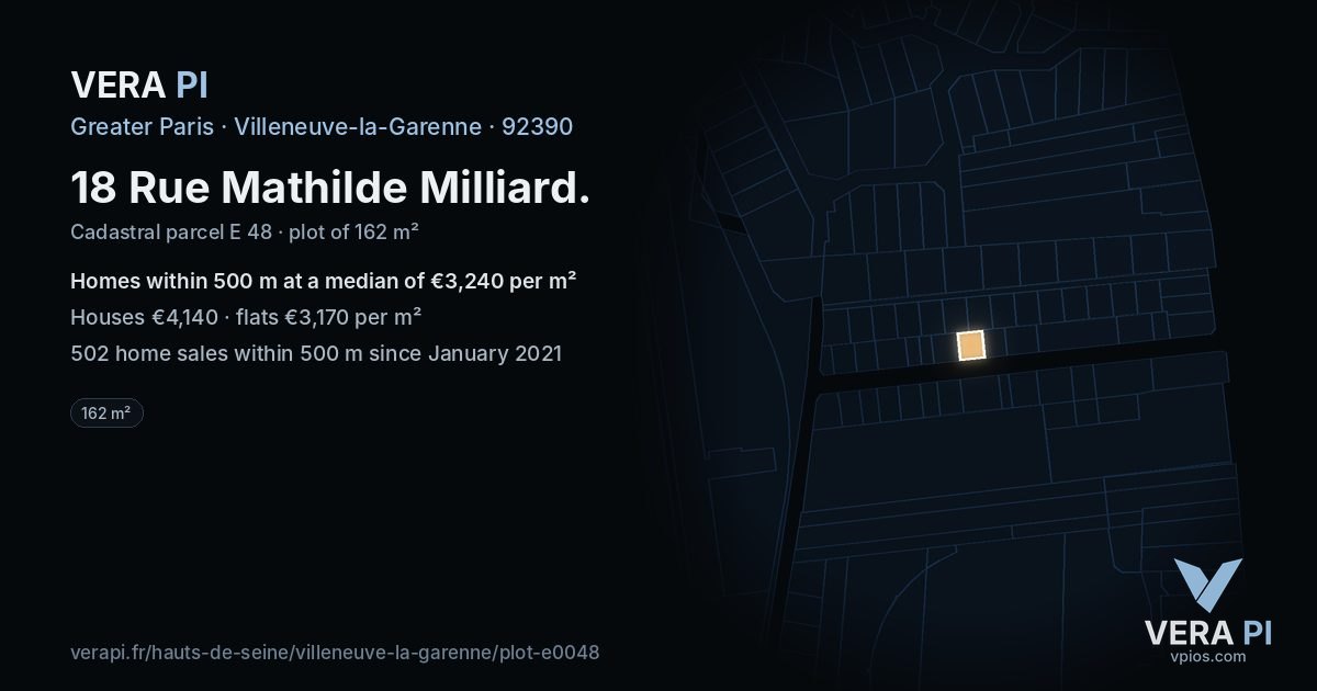 18 Rue Mathilde Milliard, Villeneuve-la-Garenne at night – the plot lit, the parcels around coloured by the prices near them
