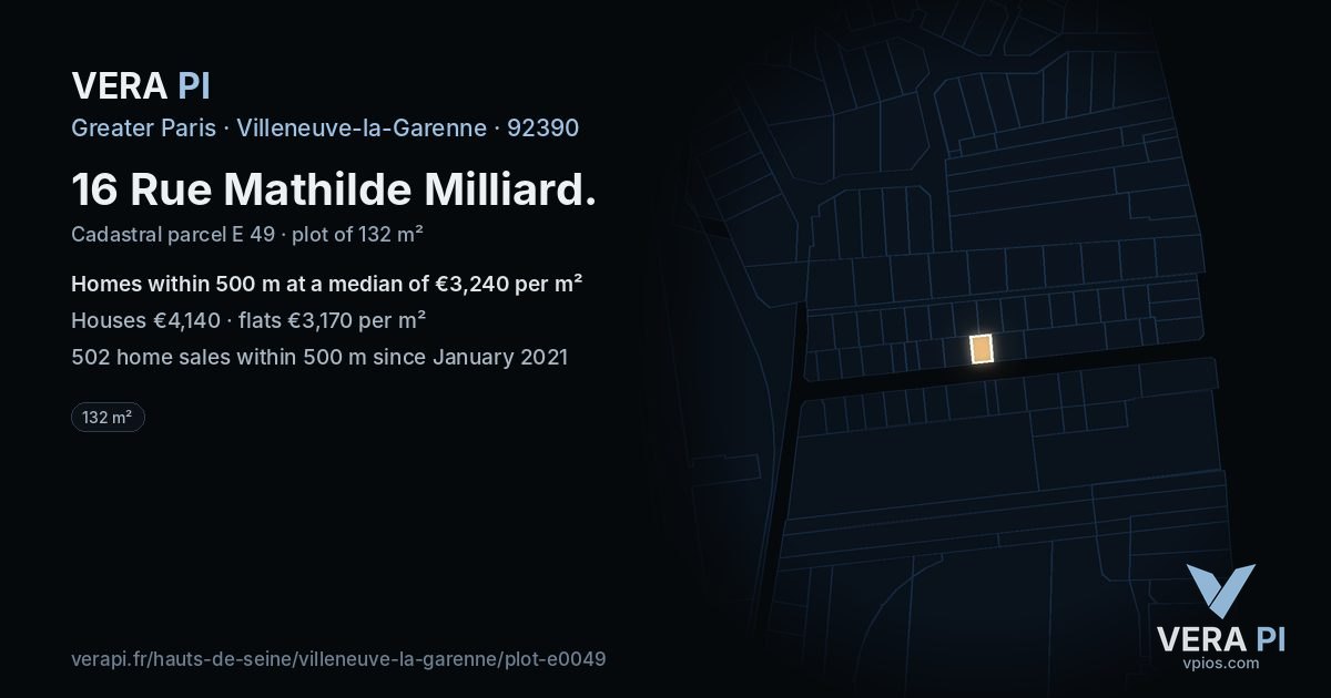 16 Rue Mathilde Milliard, Villeneuve-la-Garenne at night – the plot lit, the parcels around coloured by the prices near them