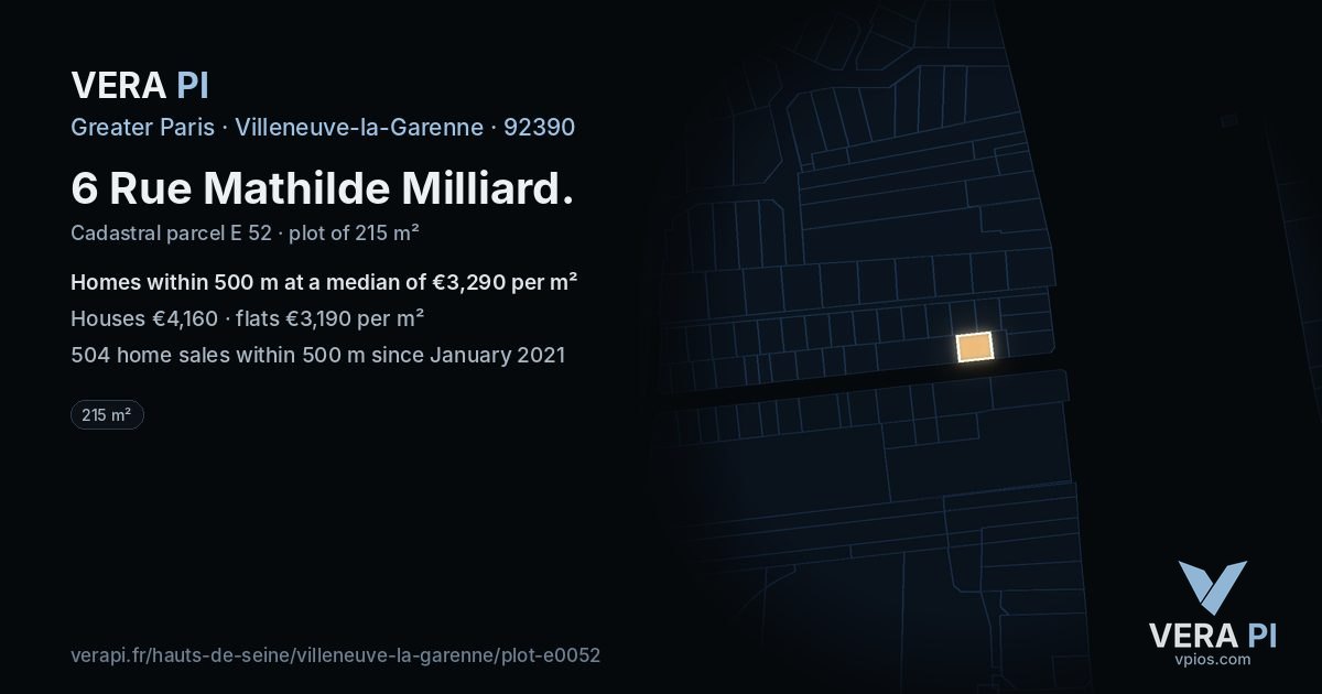 6 Rue Mathilde Milliard, Villeneuve-la-Garenne at night – the plot lit, the parcels around coloured by the prices near them