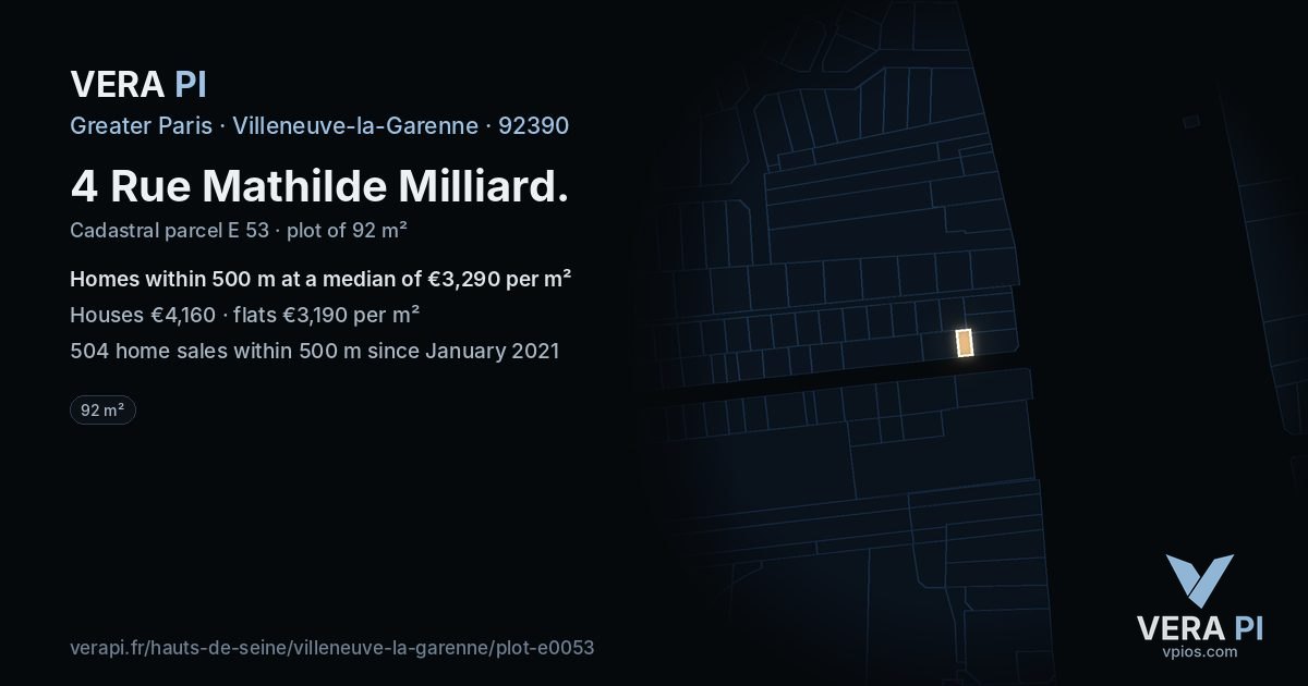 4 Rue Mathilde Milliard, Villeneuve-la-Garenne at night – the plot lit, the parcels around coloured by the prices near them