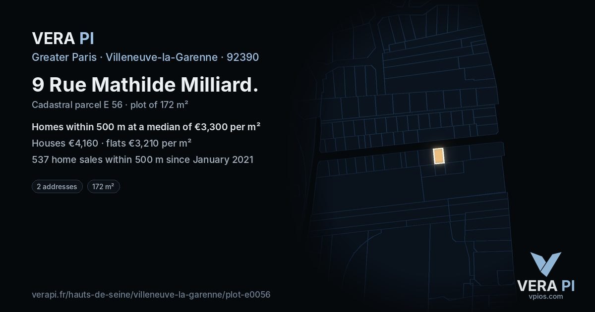 9 Rue Mathilde Milliard, Villeneuve-la-Garenne at night – the plot lit, the parcels around coloured by the prices near them