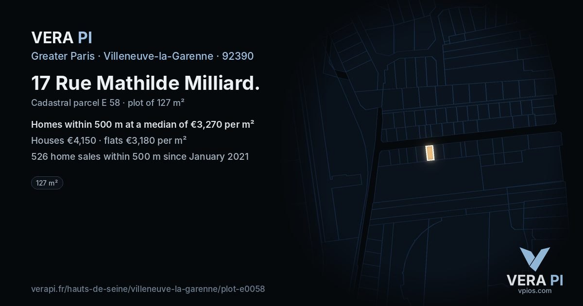 17 Rue Mathilde Milliard, Villeneuve-la-Garenne at night – the plot lit, the parcels around coloured by the prices near them