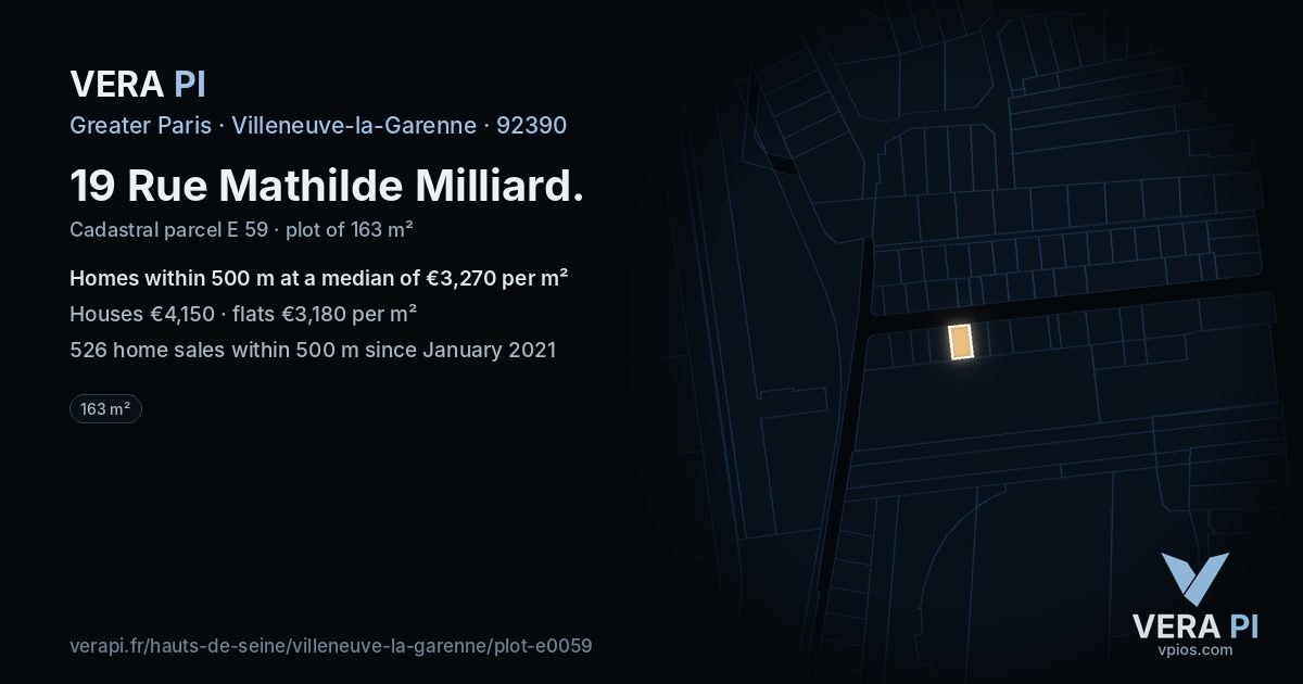 19 Rue Mathilde Milliard, Villeneuve-la-Garenne at night – the plot lit, the parcels around coloured by the prices near them