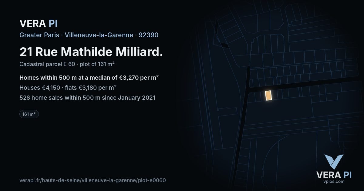 21 Rue Mathilde Milliard, Villeneuve-la-Garenne at night – the plot lit, the parcels around coloured by the prices near them