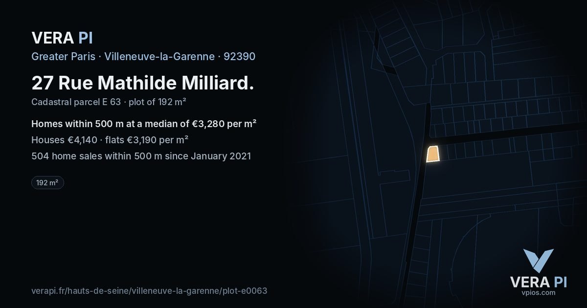 27 Rue Mathilde Milliard, Villeneuve-la-Garenne at night – the plot lit, the parcels around coloured by the prices near them