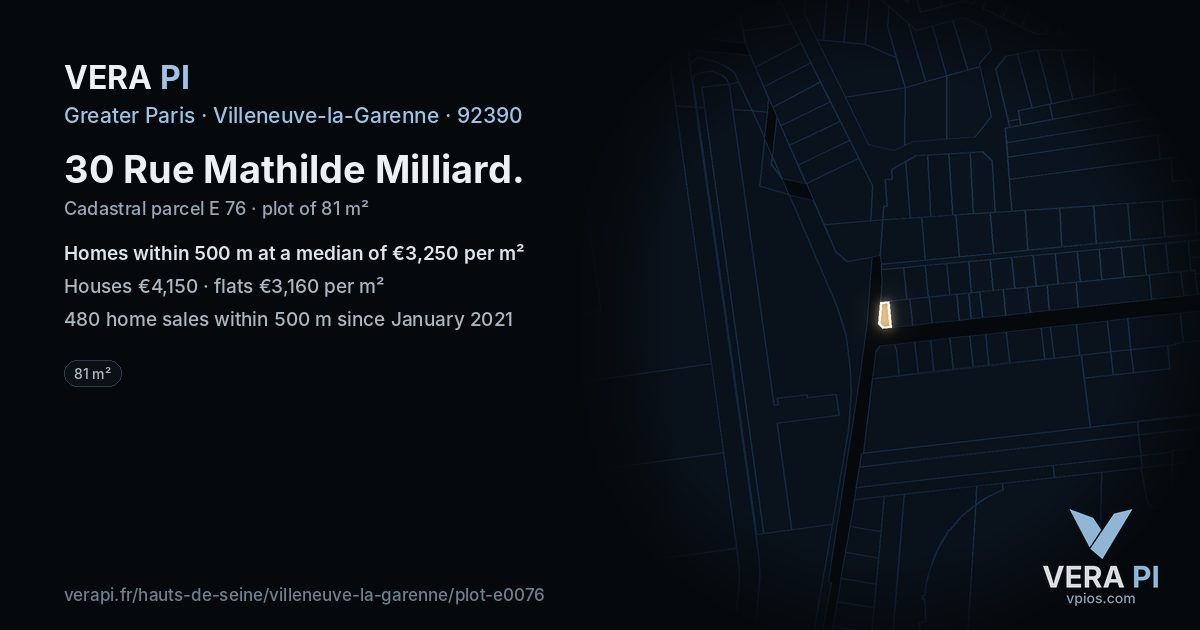 30 Rue Mathilde Milliard, Villeneuve-la-Garenne at night – the plot lit, the parcels around coloured by the prices near them
