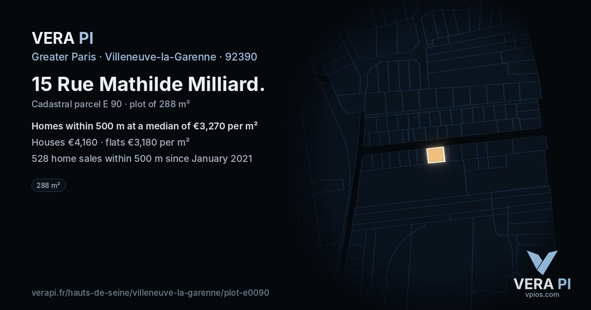 15 Rue Mathilde Milliard, Villeneuve-la-Garenne at night – the plot lit, the parcels around coloured by the prices near them