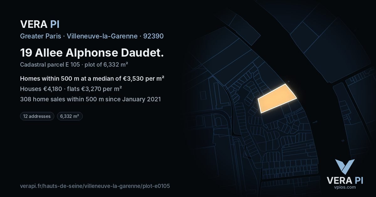 19 Allee Alphonse Daudet, Villeneuve-la-Garenne at night – the plot lit, the parcels around coloured by the prices near them