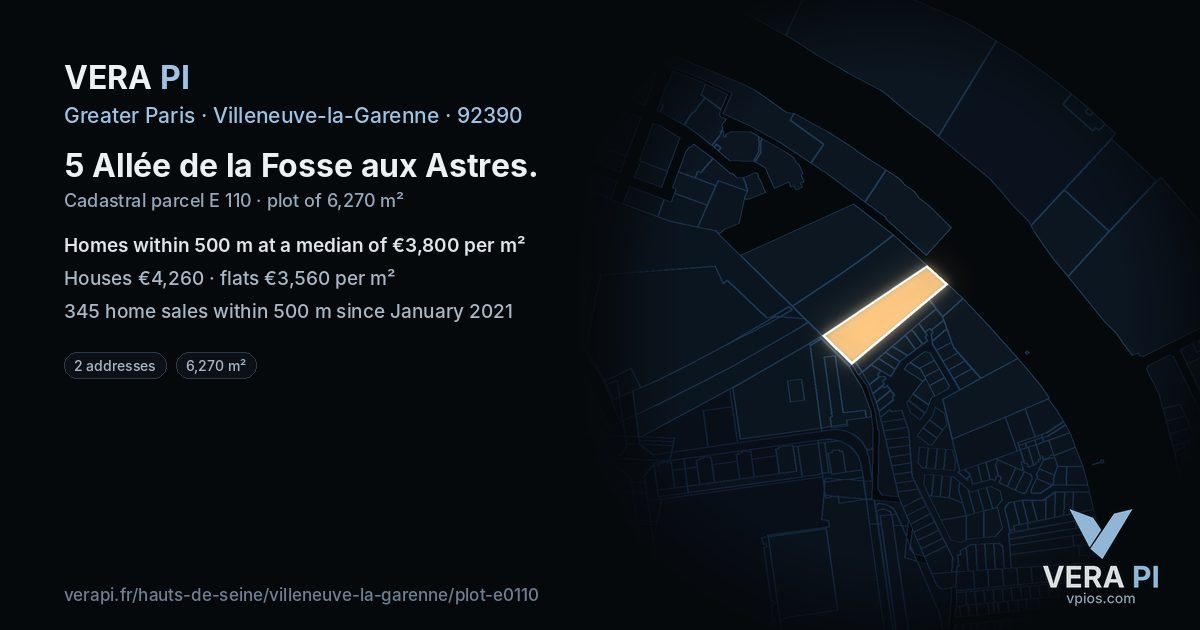 5 Allée de la Fosse aux Astres, Villeneuve-la-Garenne at night – the plot lit, the parcels around coloured by the prices near them