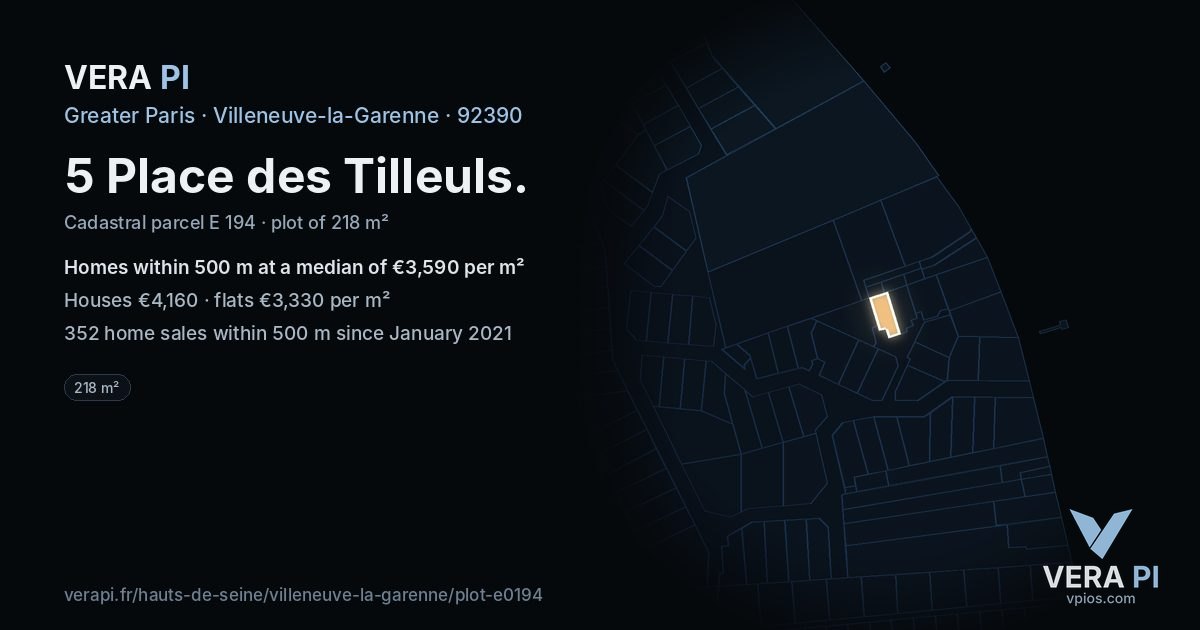 5 Place des Tilleuls, Villeneuve-la-Garenne at night – the plot lit, the parcels around coloured by the prices near them