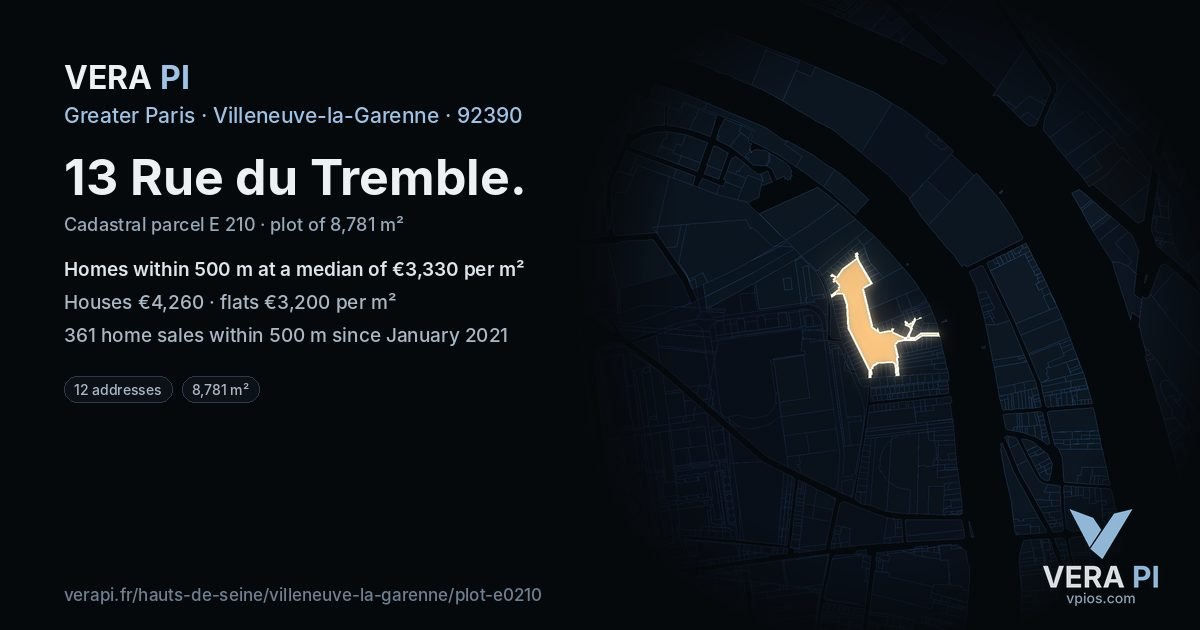 13 Rue du Tremble, Villeneuve-la-Garenne at night – the plot lit, the parcels around coloured by the prices near them