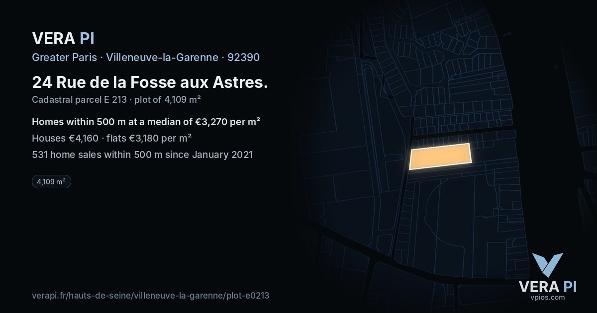 24 Rue de la Fosse aux Astres, Villeneuve-la-Garenne at night – the plot lit, the parcels around coloured by the prices near them