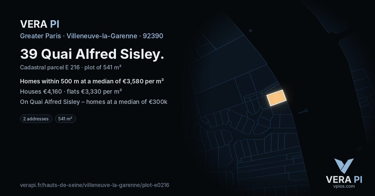 39 Quai Alfred Sisley, Villeneuve-la-Garenne at night – the plot lit, the parcels around coloured by the prices near them