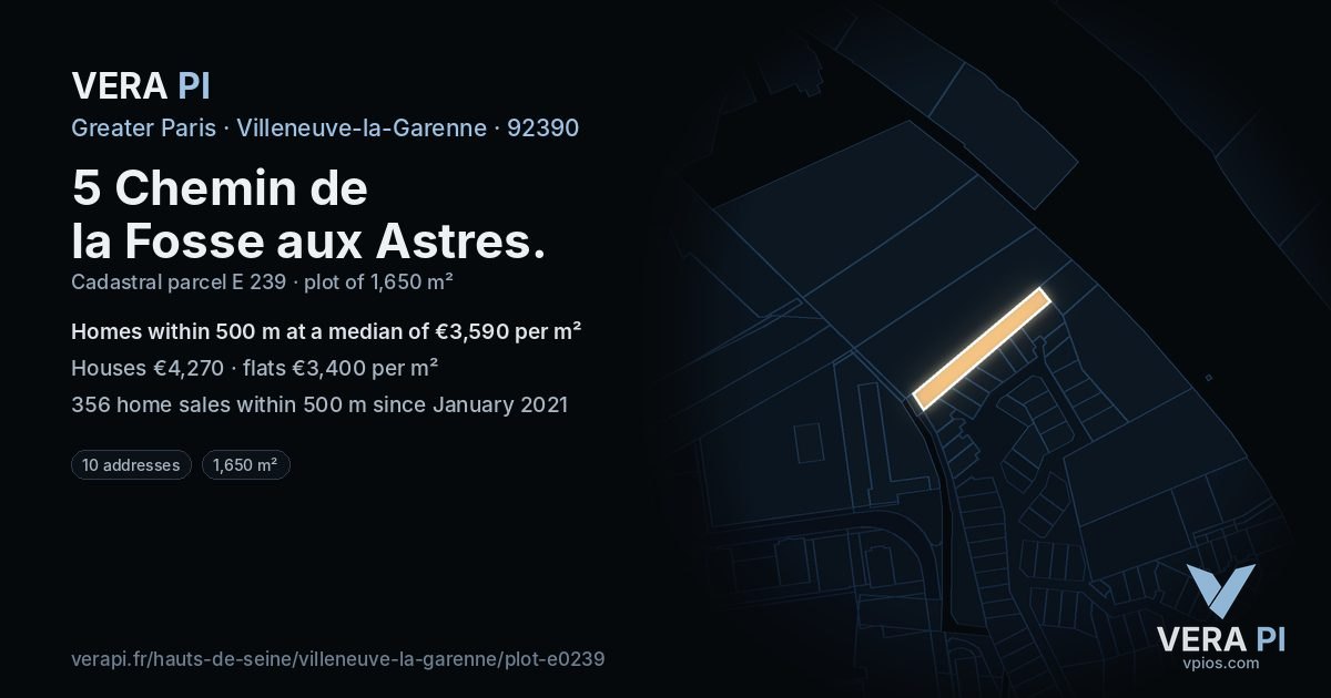 5 Chemin de la Fosse aux Astres, Villeneuve-la-Garenne at night – the plot lit, the parcels around coloured by the prices near them