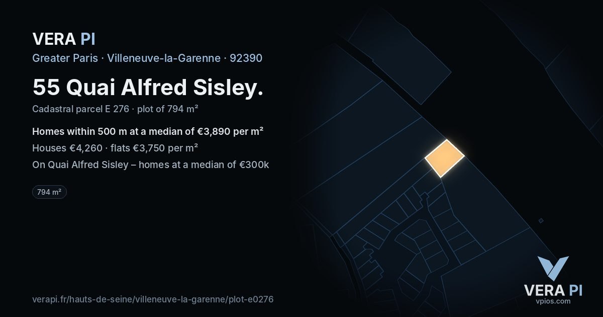 55 Quai Alfred Sisley, Villeneuve-la-Garenne at night – the plot lit, the parcels around coloured by the prices near them
