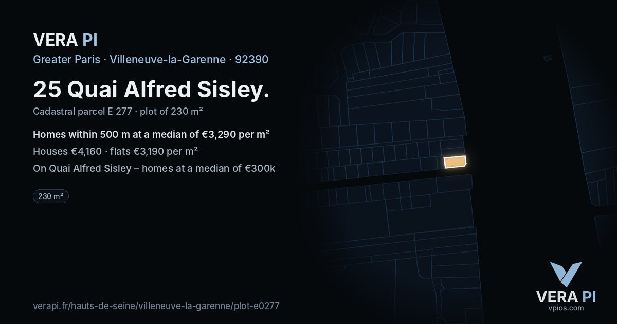 25 Quai Alfred Sisley, Villeneuve-la-Garenne at night – the plot lit, the parcels around coloured by the prices near them