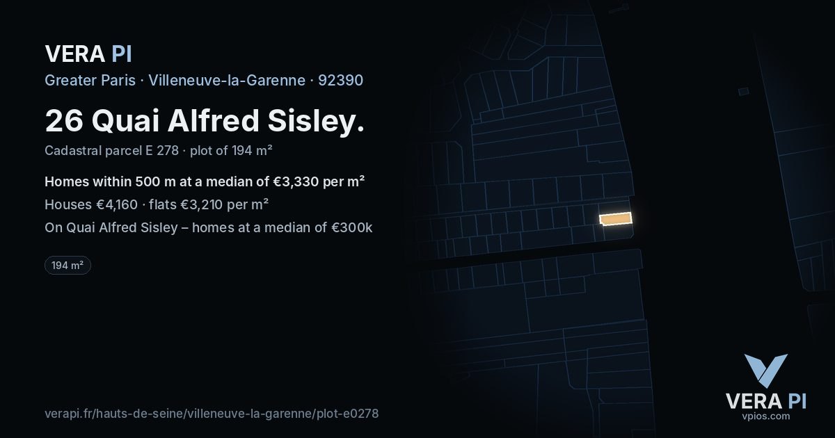 26 Quai Alfred Sisley, Villeneuve-la-Garenne at night – the plot lit, the parcels around coloured by the prices near them