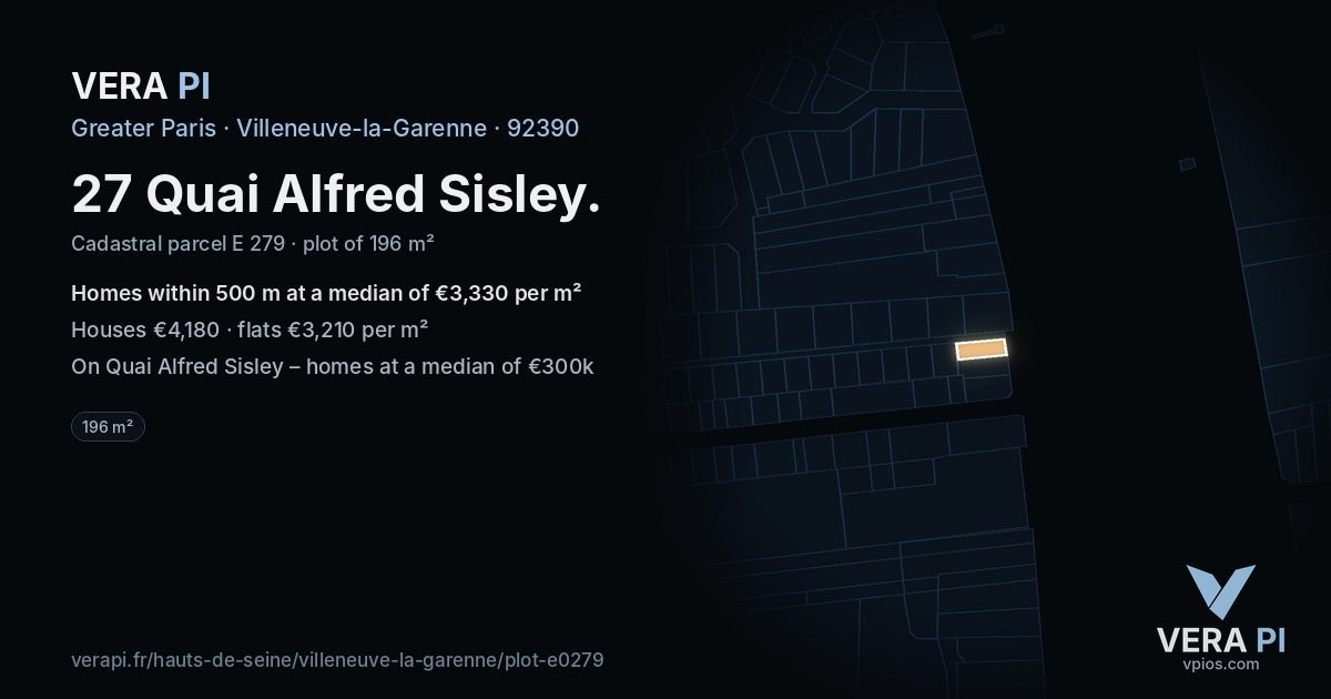 27 Quai Alfred Sisley, Villeneuve-la-Garenne at night – the plot lit, the parcels around coloured by the prices near them