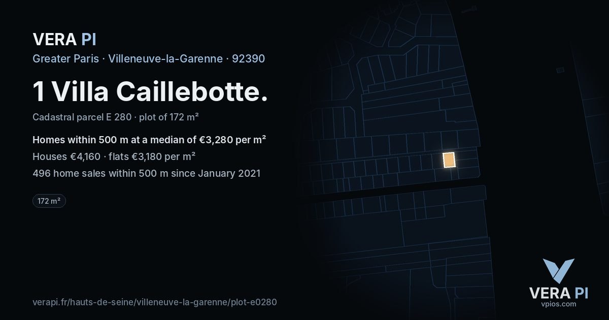 1 Villa Caillebotte, Villeneuve-la-Garenne at night – the plot lit, the parcels around coloured by the prices near them