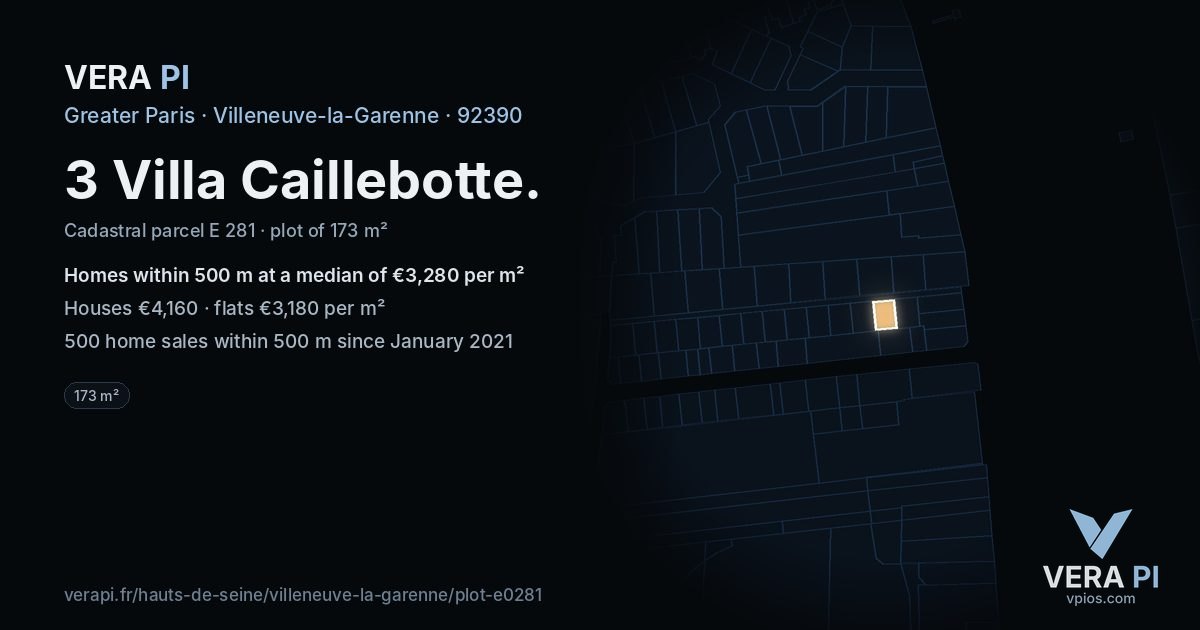 3 Villa Caillebotte, Villeneuve-la-Garenne at night – the plot lit, the parcels around coloured by the prices near them