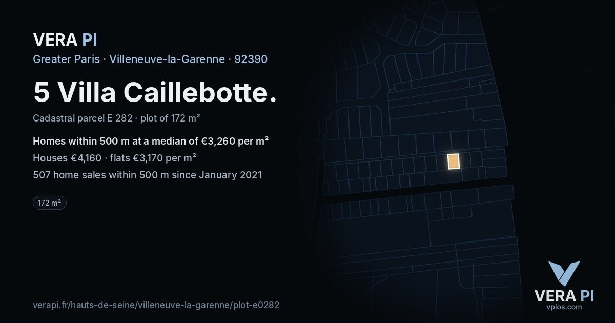 5 Villa Caillebotte, Villeneuve-la-Garenne at night – the plot lit, the parcels around coloured by the prices near them