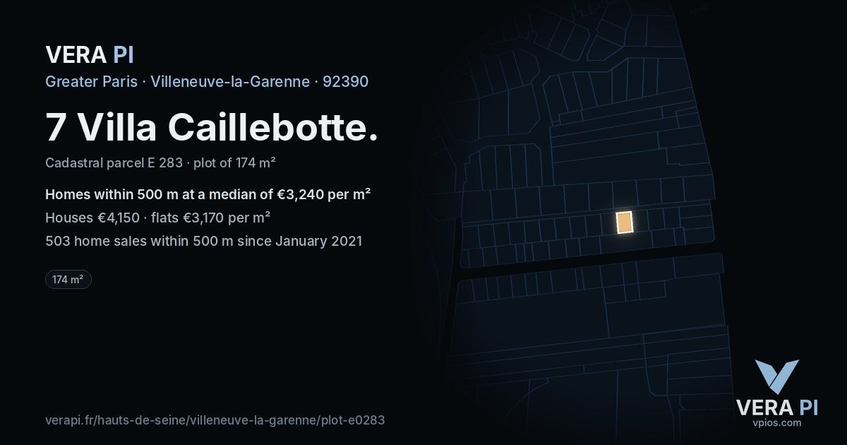 7 Villa Caillebotte, Villeneuve-la-Garenne at night – the plot lit, the parcels around coloured by the prices near them