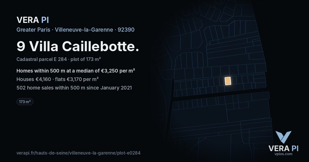 9 Villa Caillebotte, Villeneuve-la-Garenne at night – the plot lit, the parcels around coloured by the prices near them