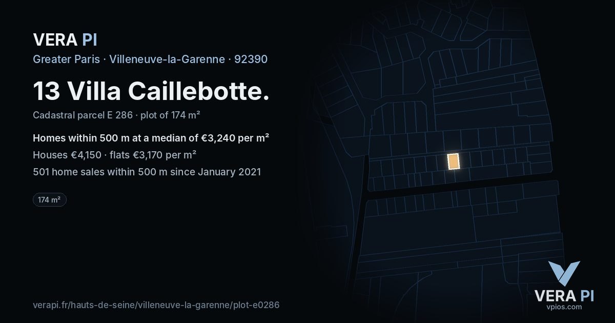 13 Villa Caillebotte, Villeneuve-la-Garenne at night – the plot lit, the parcels around coloured by the prices near them