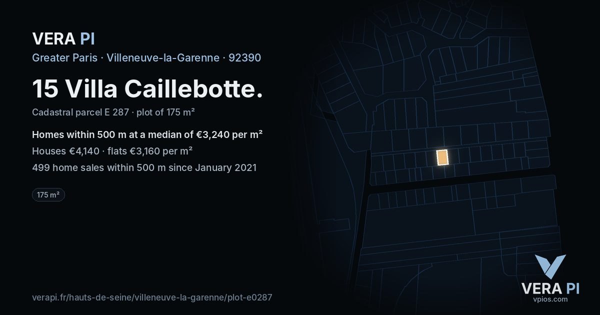 15 Villa Caillebotte, Villeneuve-la-Garenne at night – the plot lit, the parcels around coloured by the prices near them