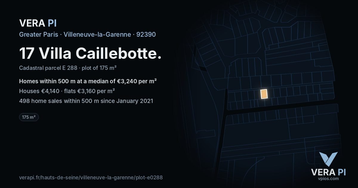 17 Villa Caillebotte, Villeneuve-la-Garenne at night – the plot lit, the parcels around coloured by the prices near them
