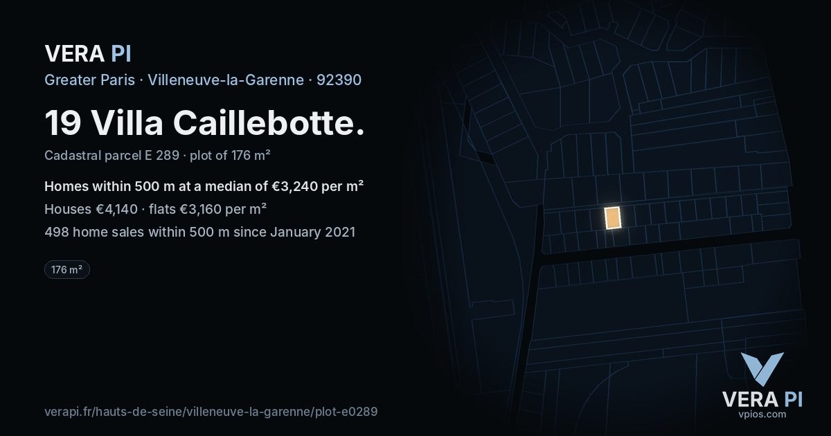 19 Villa Caillebotte, Villeneuve-la-Garenne at night – the plot lit, the parcels around coloured by the prices near them