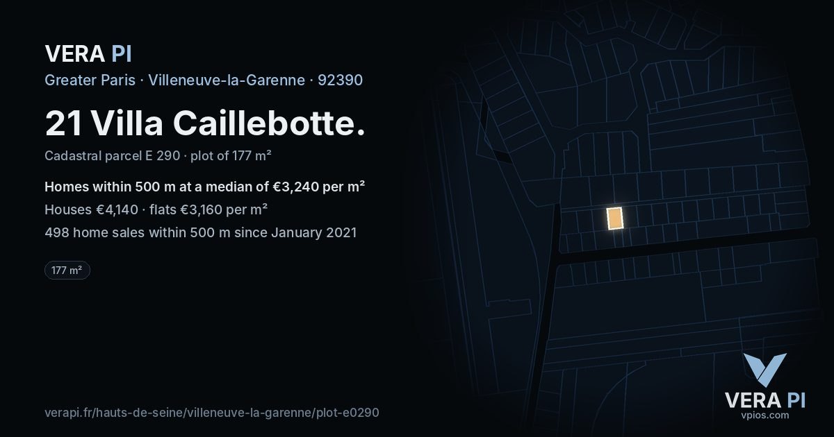 21 Villa Caillebotte, Villeneuve-la-Garenne at night – the plot lit, the parcels around coloured by the prices near them