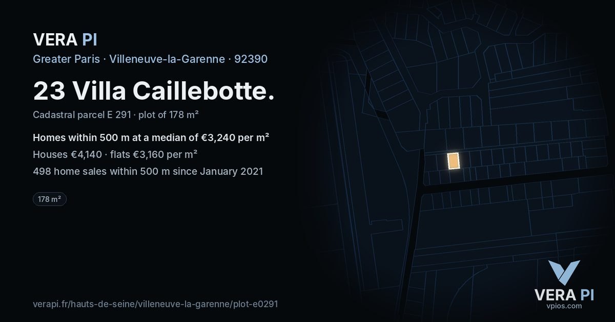 23 Villa Caillebotte, Villeneuve-la-Garenne at night – the plot lit, the parcels around coloured by the prices near them