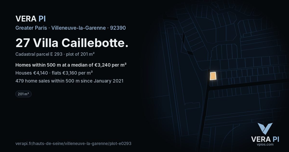 27 Villa Caillebotte, Villeneuve-la-Garenne at night – the plot lit, the parcels around coloured by the prices near them