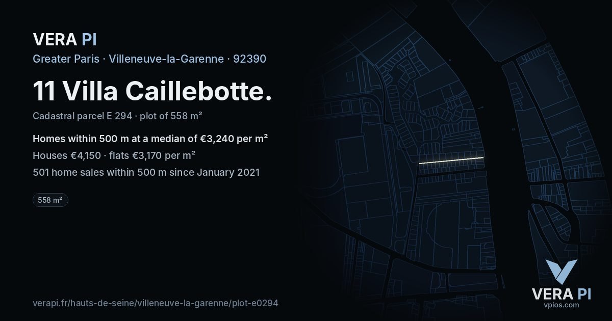 11 Villa Caillebotte, Villeneuve-la-Garenne at night – the plot lit, the parcels around coloured by the prices near them