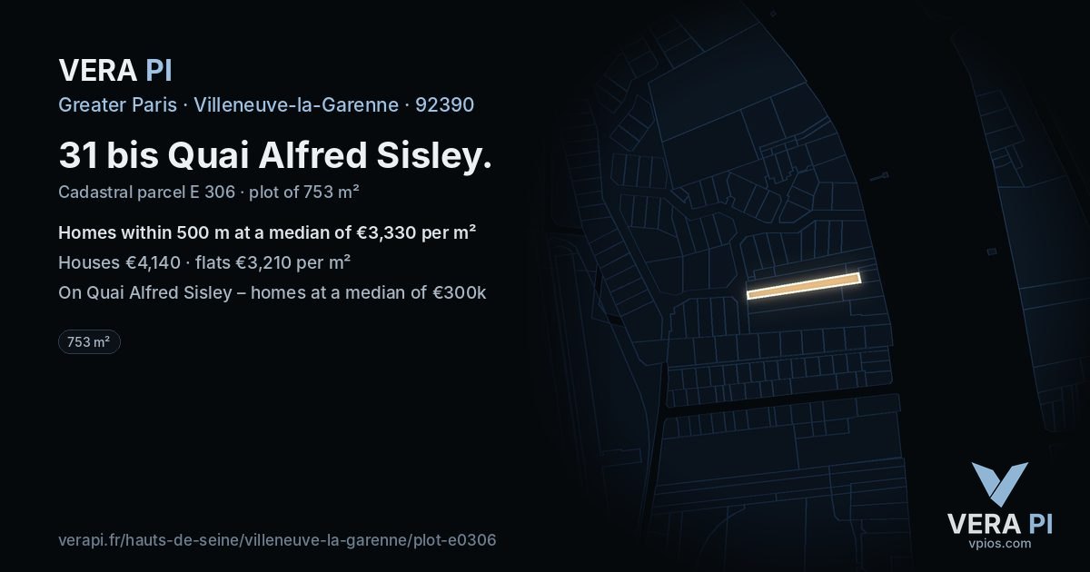 31 bis Quai Alfred Sisley, Villeneuve-la-Garenne at night – the plot lit, the parcels around coloured by the prices near them