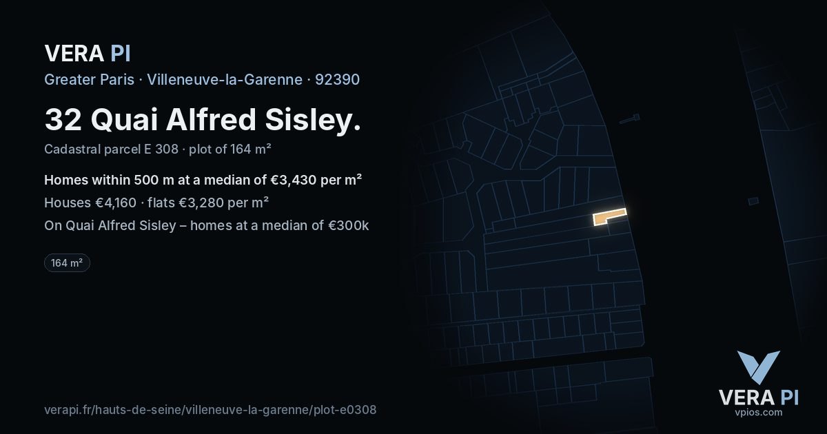 32 Quai Alfred Sisley, Villeneuve-la-Garenne at night – the plot lit, the parcels around coloured by the prices near them