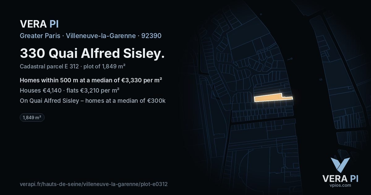 330 Quai Alfred Sisley, Villeneuve-la-Garenne at night – the plot lit, the parcels around coloured by the prices near them